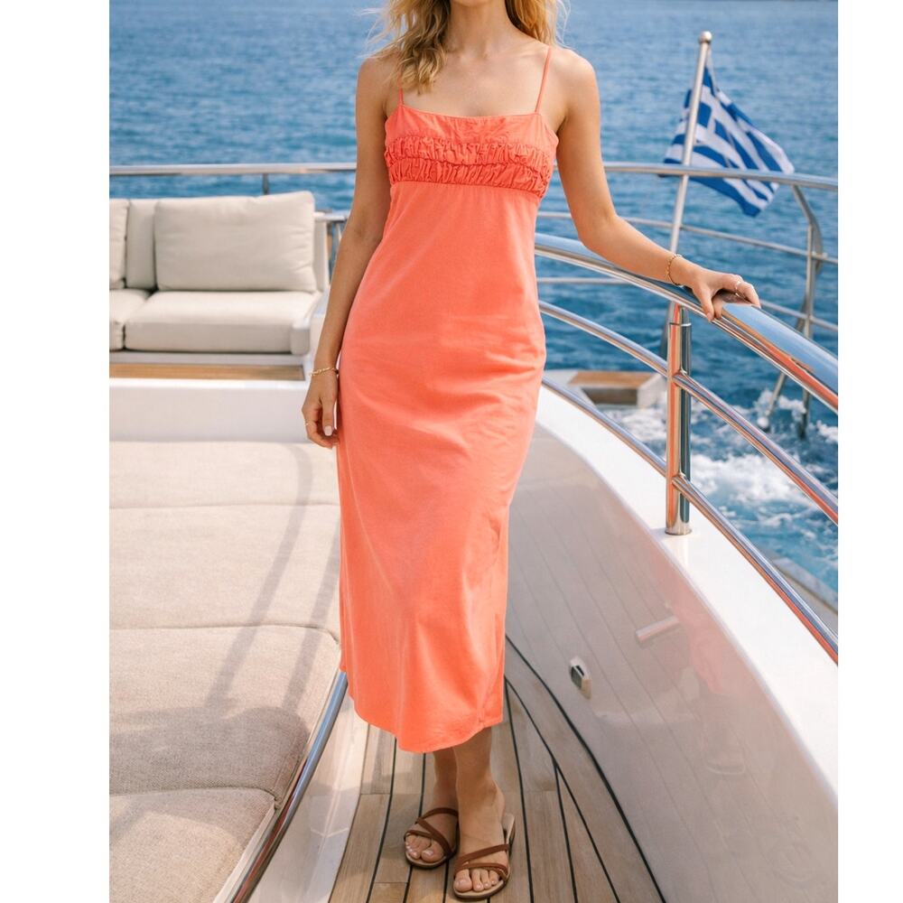 Ciao Lucia XS Cotton Nera Midi Slip Dress $325 Ruched Bust Spaghetti Strap Coral